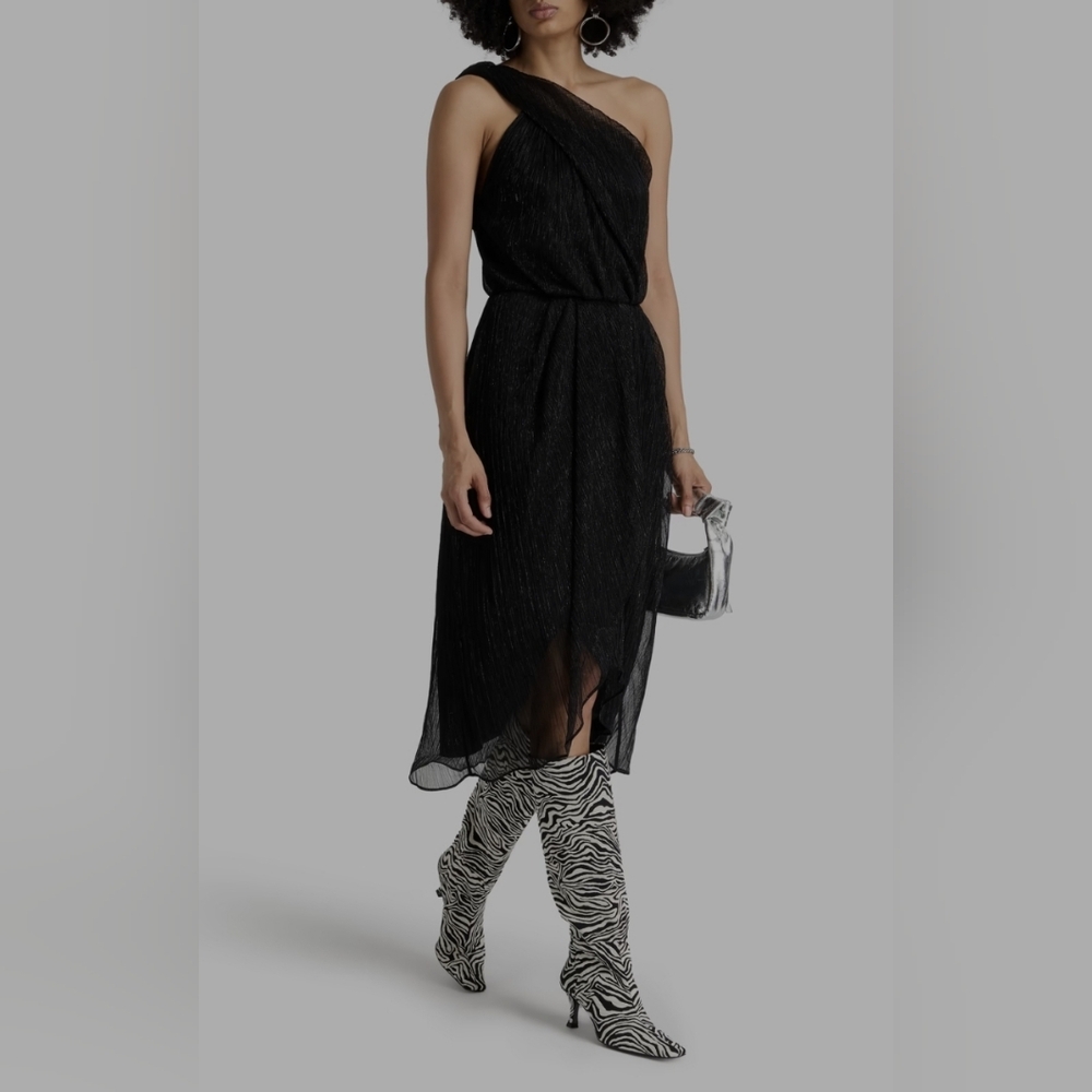 IRO Catija One Shoulder Wrap Effect Metallic Crepon Dress